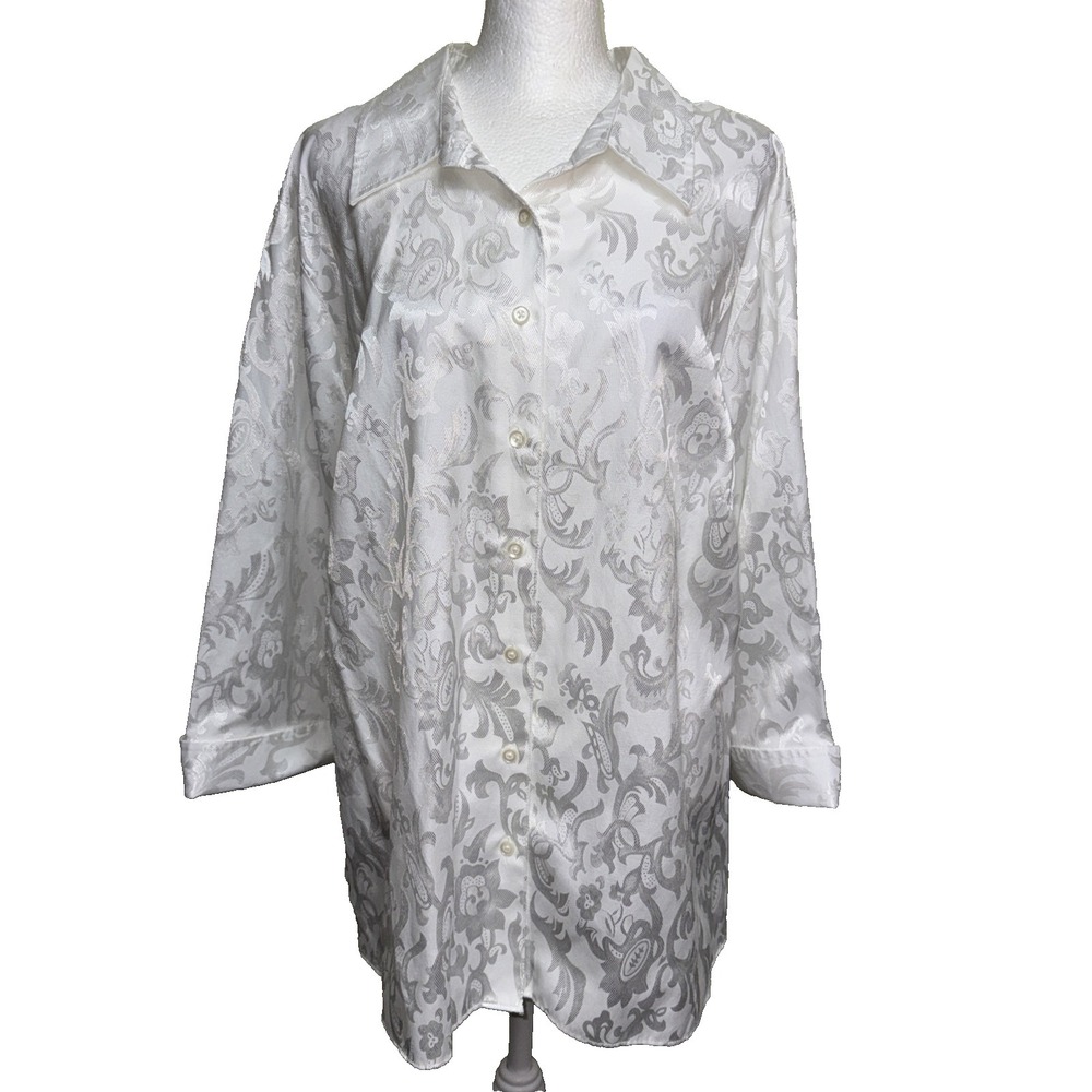 Westbound Woman Shirt 20W Plus White Floral Brocade Textured Collared Blouse